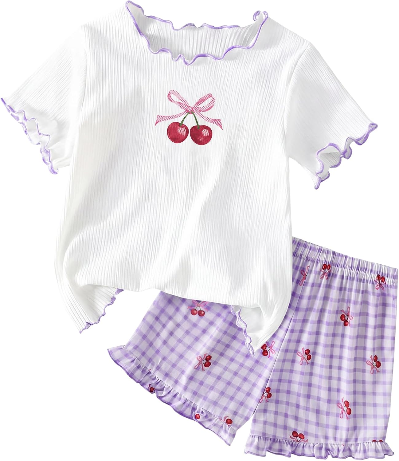 Girls 2 Piece Outfits Ruffle Trim Ribbed Short Sleeve Tops Bow Cheery Graphic Tees and Plaid Shorts Sets