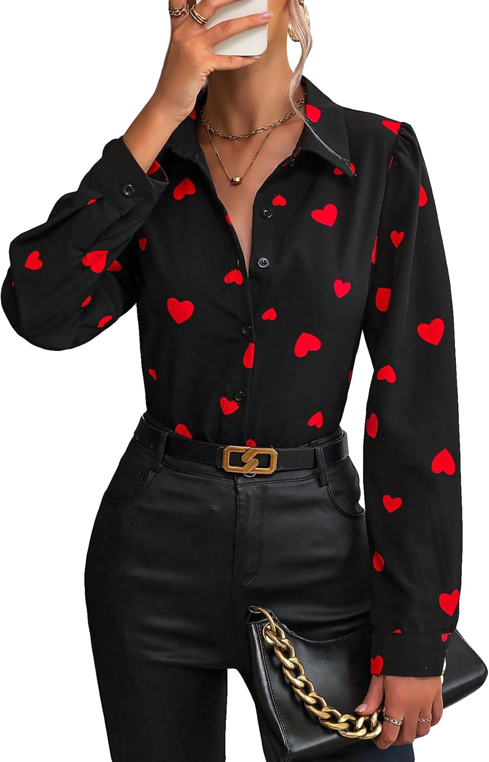 Floerns Women's Heart Print Long Sleeve Button Down Lapel Collar Blouse Top - Image 4