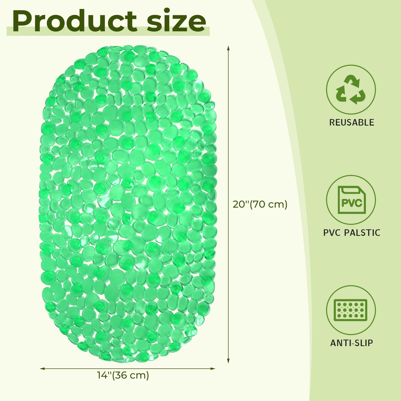CZWESTC 28x14 Inch Bathtub Mat with Suction Cups, Oval Pebble Feel Non-Slip Shower Mat - Machine Washable, Bath Mat for Smooth Floor, Tub (Transparent Light Green)