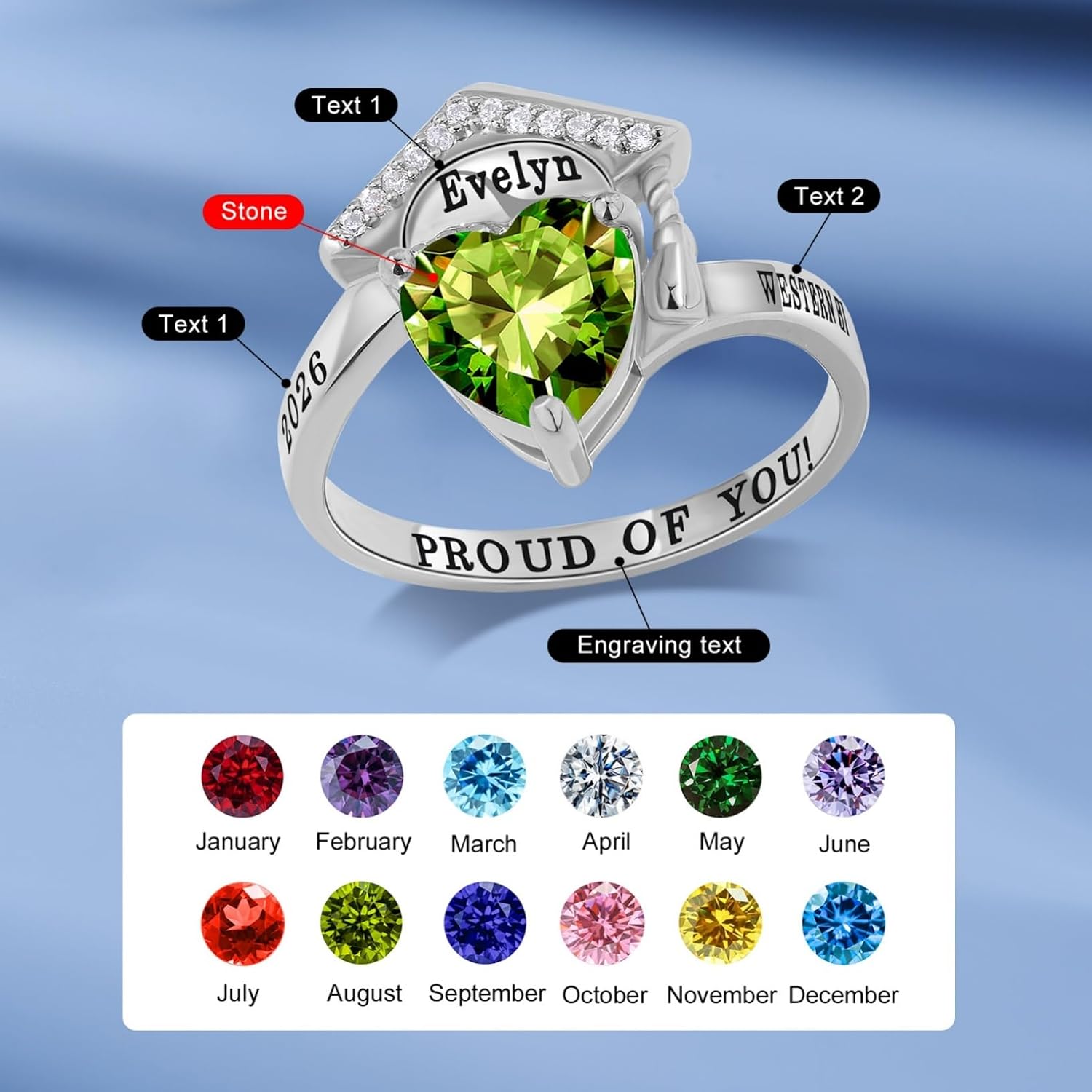 LucySky Personalized Graduation Ring for Men Women 2026 High School College Class Rings 925 Sterling Silver Custom Logo Symbol & Birthstone Band Ring Graduations Gifts