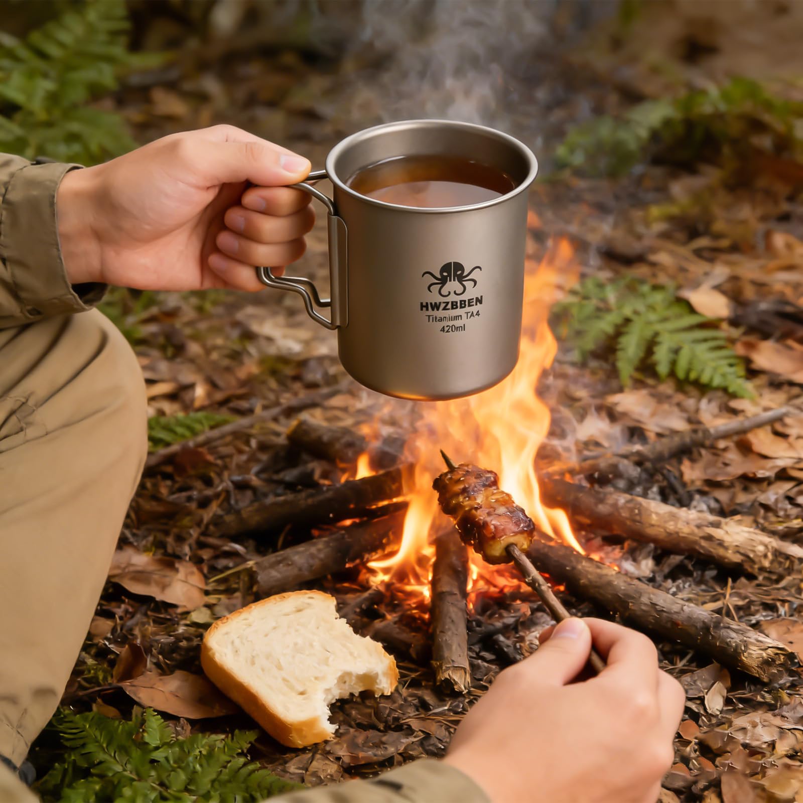 Camping Becher Titanium 420ml, Ultraleichte Titan Tasse mit Klappgriff & Tragbarem Beutel, Perfekt für Camping, Wandern und Picknick