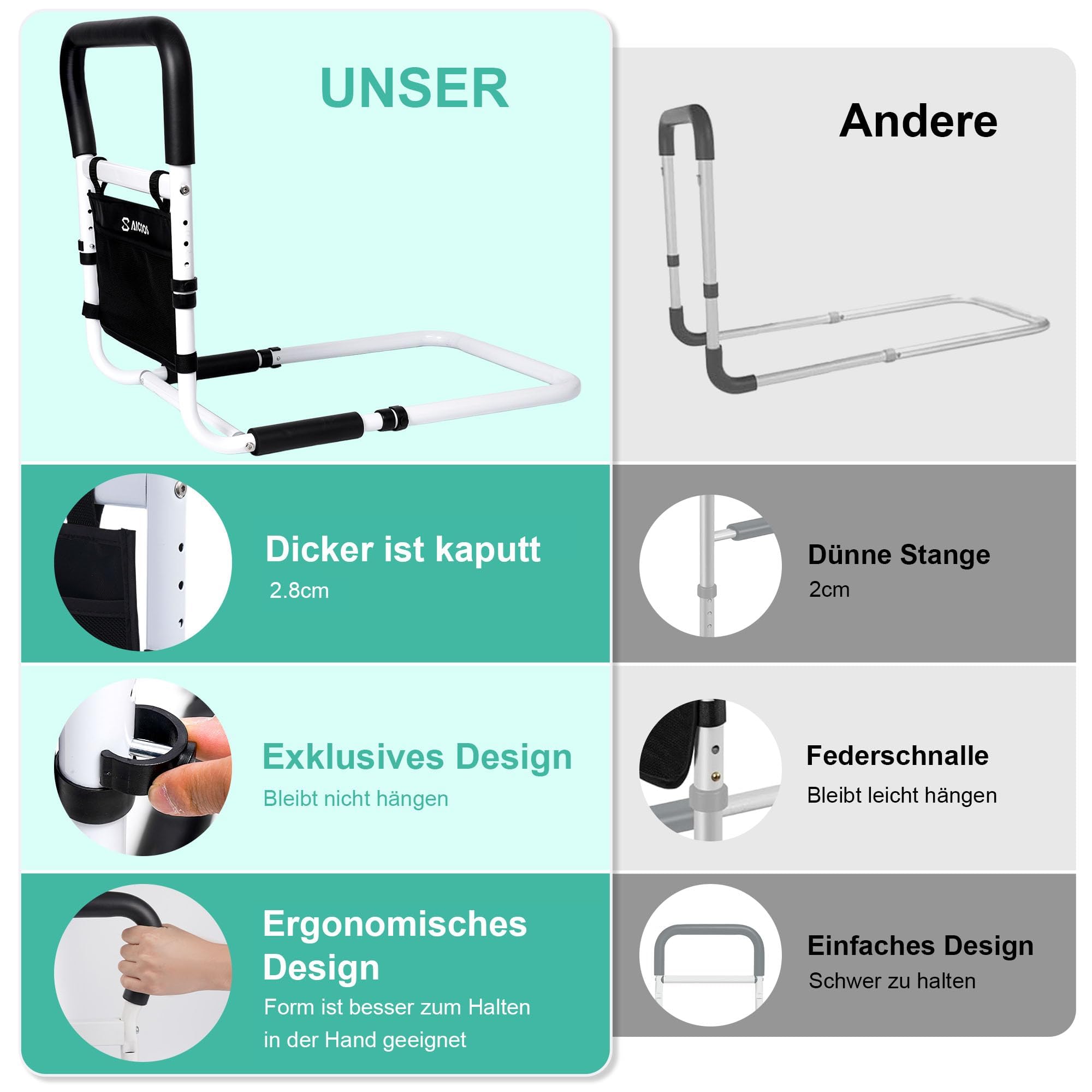 Letto di grandi dimensioni per anziani, con manico per alzarsi, ringhiera del letto per anziani, regolabile in altezza, con accessori per la prevenzione delle cadute di notte e di emergenza (misura XL