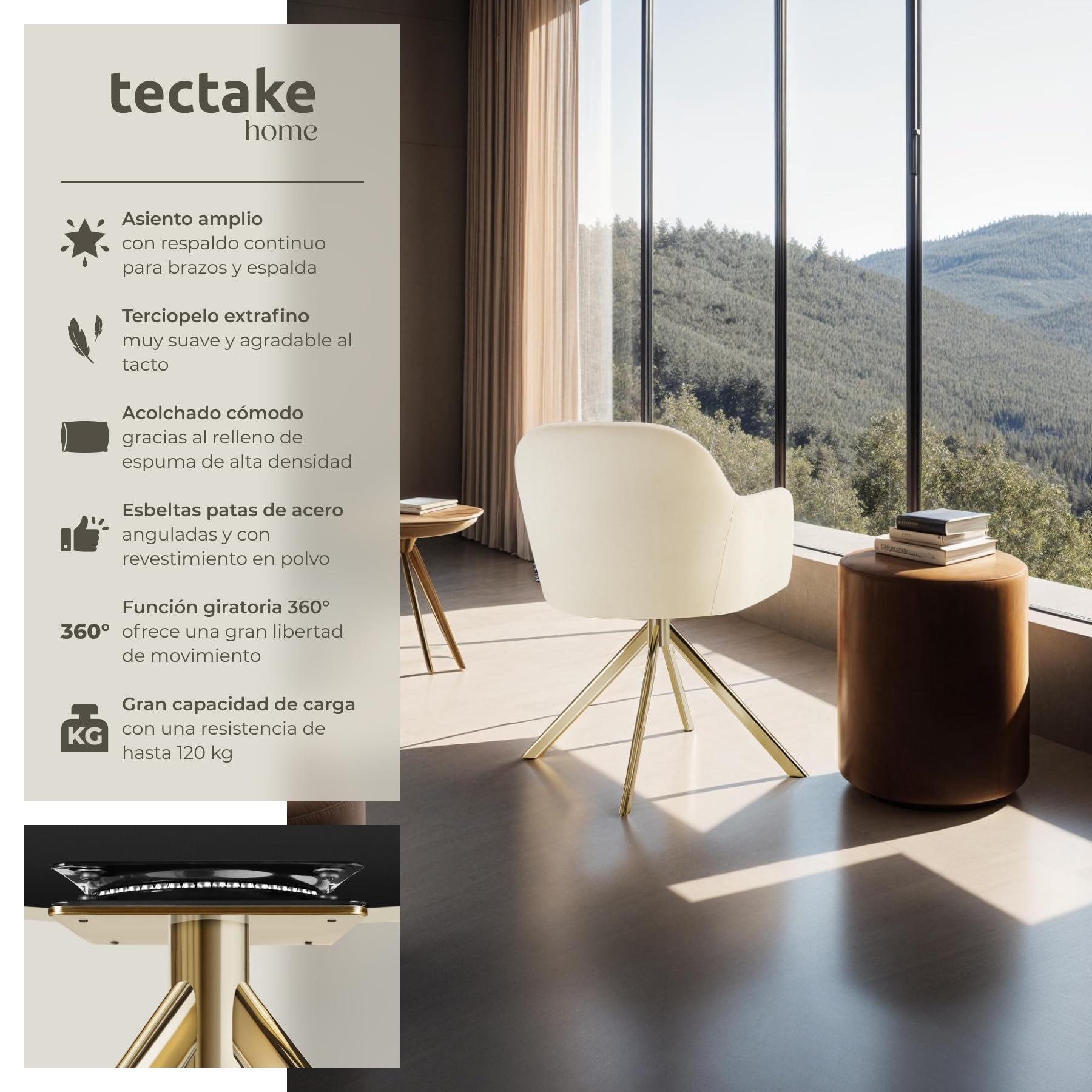 tectake® Silla Giratoria Tapizada con Respaldo Continuo, Patas de Acero Giratorias 360º, Silla Dormitorio, Butacas de Salon, Sillas Comedor, Silla Comedor Nordica - 1 Silla Crema/Oro