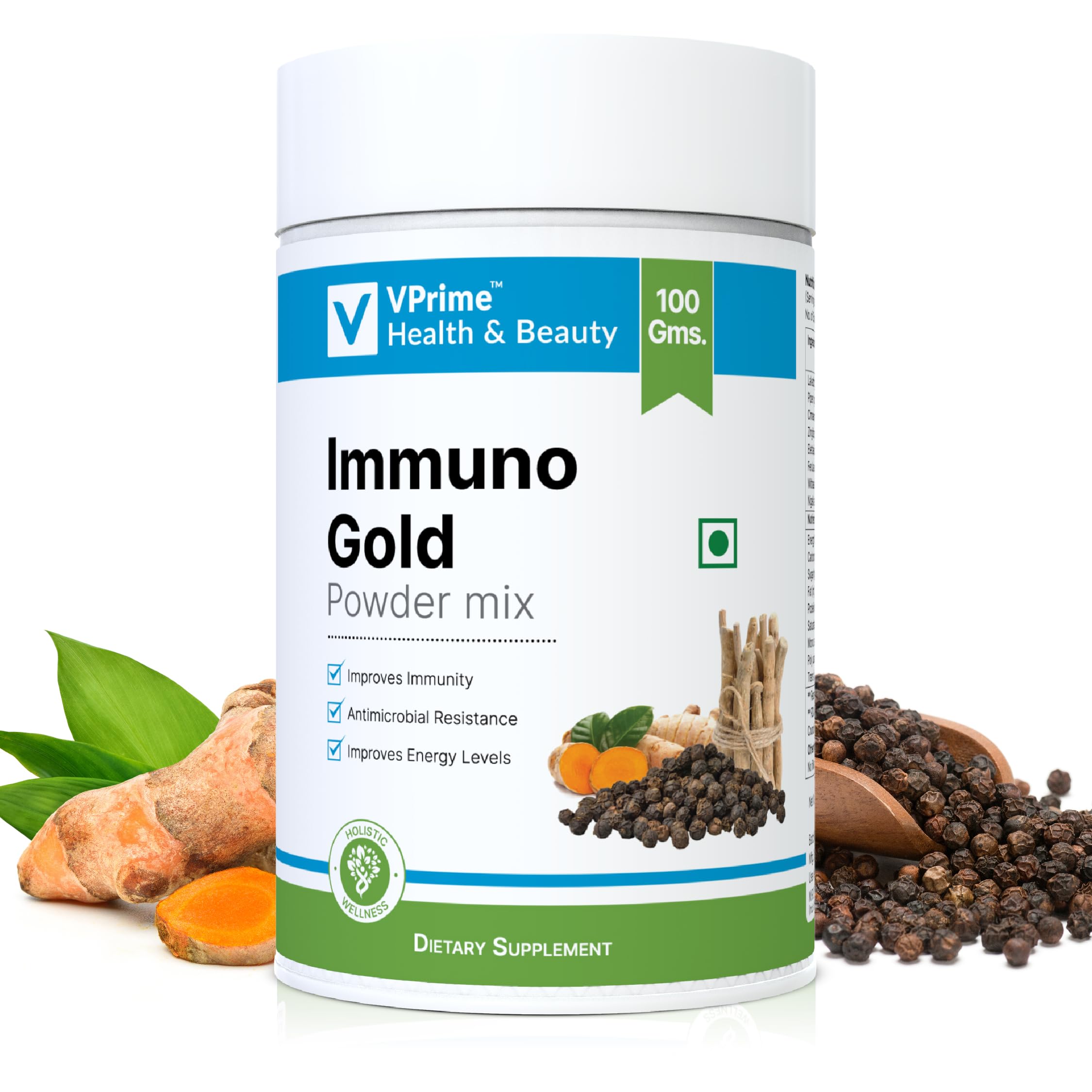 Vi Prime Immuno Gold Powder, 100 gm | Enriched Golden Milk Mix | Lakadong Turmeric, Aswagandha & Black Cumin | Immune Support | Anti Inflammatory|Doodh Instant Mix