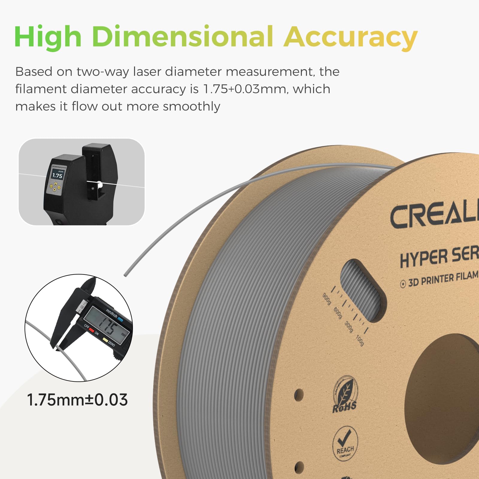 Creality Official Hyper PLA Filament Grigio 1KG, Filamento per Stampanti 3D per la Stampa ad Alta Velocità, Durevole e Resistente, Liscio, Prestazioni a Sbalzo Precisione Dimensionale +/-0,03mm