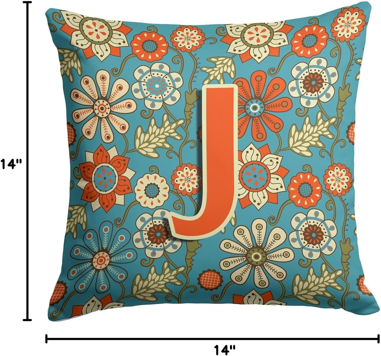 Caroline's Treasures CJ2012-JPW1414 Letter J Flowers Retro Blue Fabric Decorative Pillow 100% Machine Washable Pillow, Indoor or Outdoor Decorative Throw Pillow for Couch, Bed or Patio