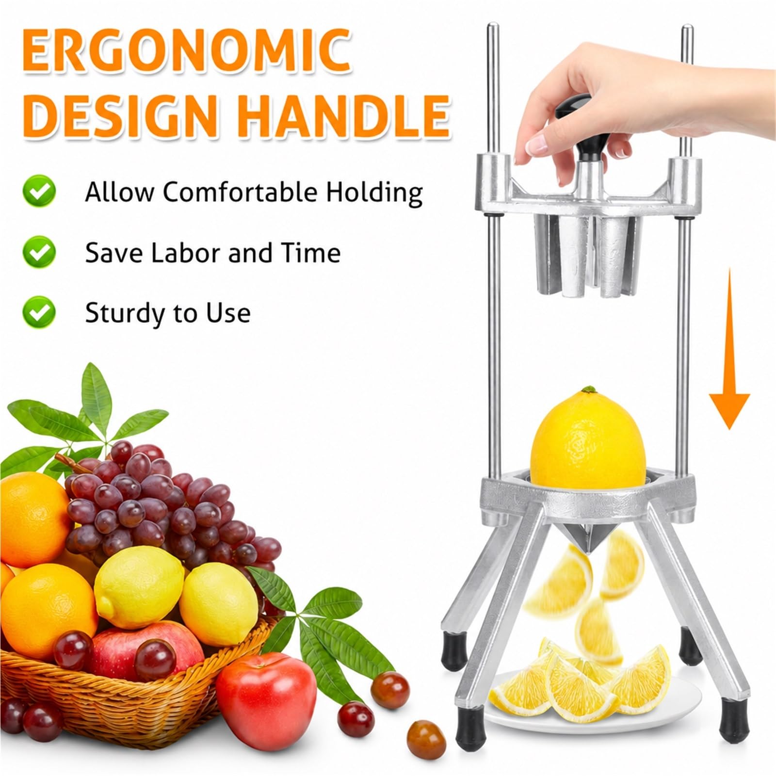 Professioneller Obstschneider, manueller Entsafter für Zitronen, Orangen | V-förmige Edelstahlklingen, Gemüseschneider, für Küche Bar Restaurant, für Orangen, Zwiebeln Zitrusfrüchte(Full Kit)