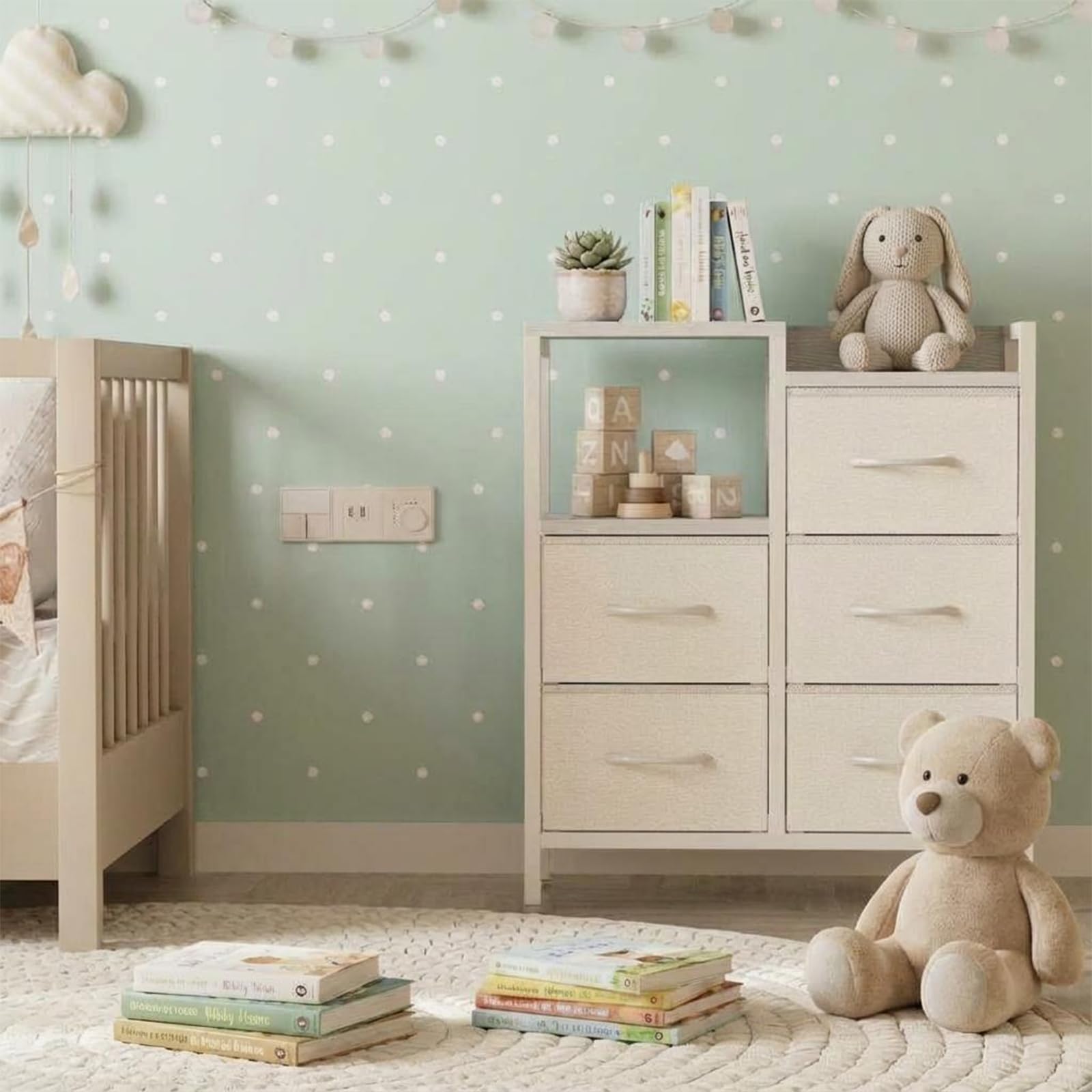 Aktenschrank 5 Schubladen, passend für A4, 63×29×72 cm | Rollbarer Büroschrank mit 5 Stoff-Schubladen und offenem Ablagefach, Druckerständer aus Metallrahmen und MDF-Platte