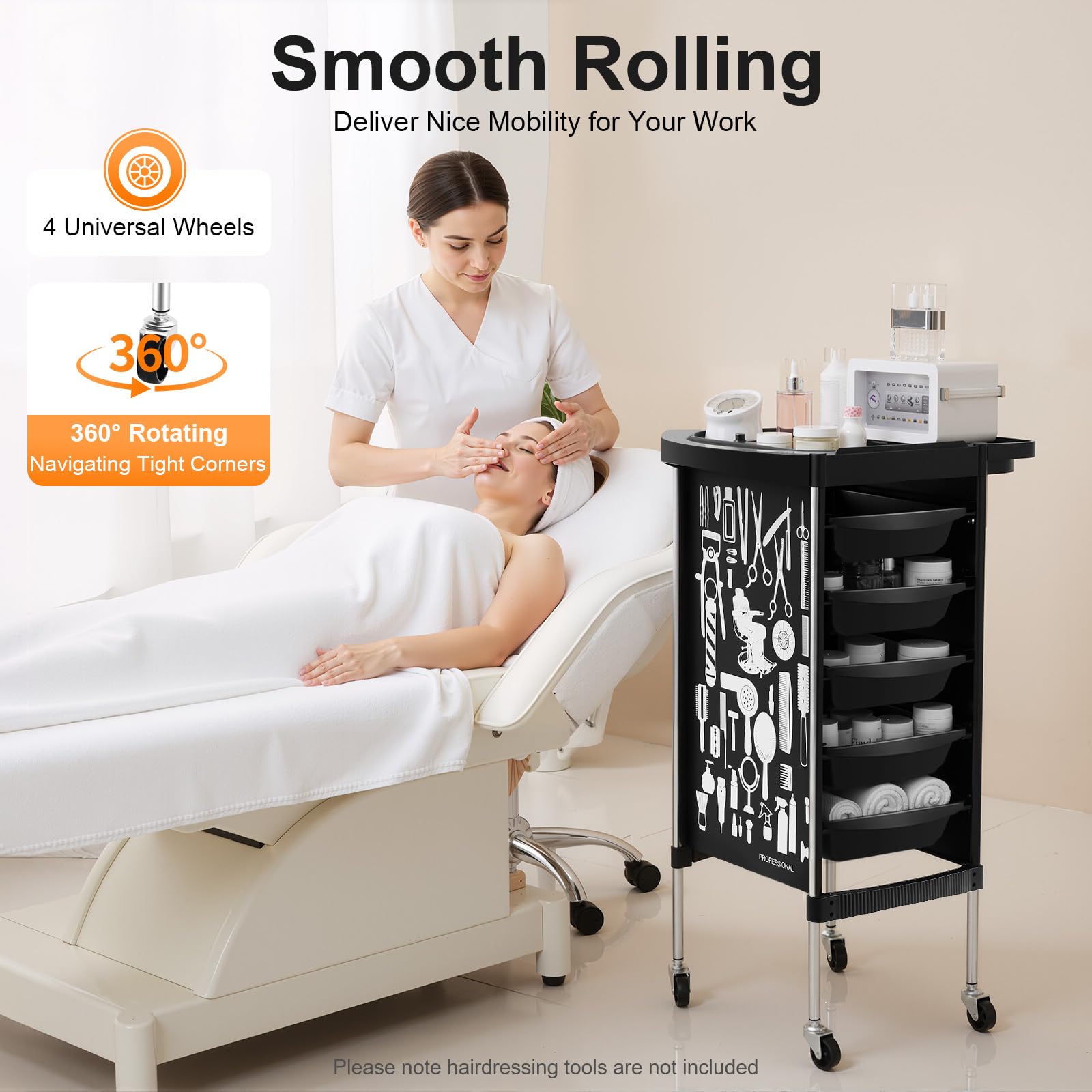 Chariot de coiffure noir 5 tiroirs 80 kg roues pivotantes 360° tablette amovible PP