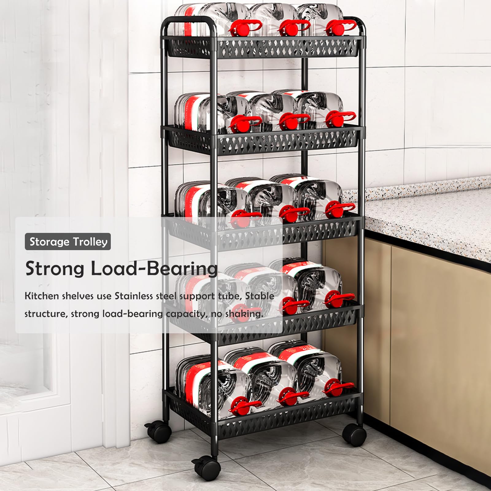 Carrito de Almacenamiento rodante de plástico de 5 Niveles - Estantería móvil para organizar Cocina, baño y lavadero - Color Blanco, diseño Compacto, fácil Movilidad