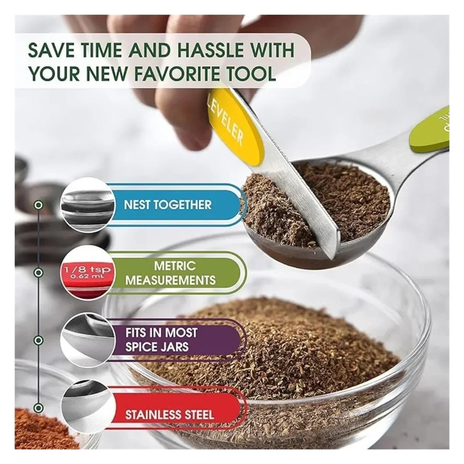 Set 17pcs tasses et cuilleres doseuses inox avec cuilleres magnetiques