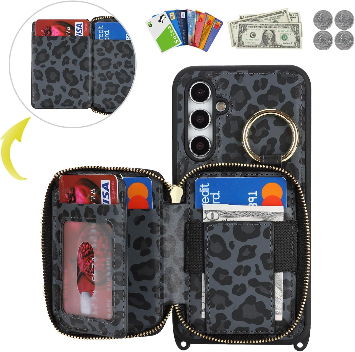 Crossbody Wallet Case for Galaxy A54 5G, PU Leather Zipper Handbag Purse Flip Cover, Kickstand Folio Case with Card Slots Holder Wrist Strap Lanyard -Black Leopard