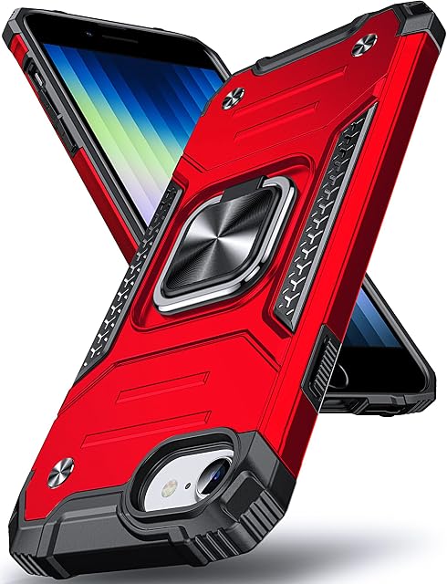 DASFOND Designed for iPhone SE 2022/SE 2020 Case iPhone 8/7/6/6s, Military Grade Shockproof Protective Phone Case Cover with Enhanced Metal Ring Kickstand [Support Magnet Mount], Red