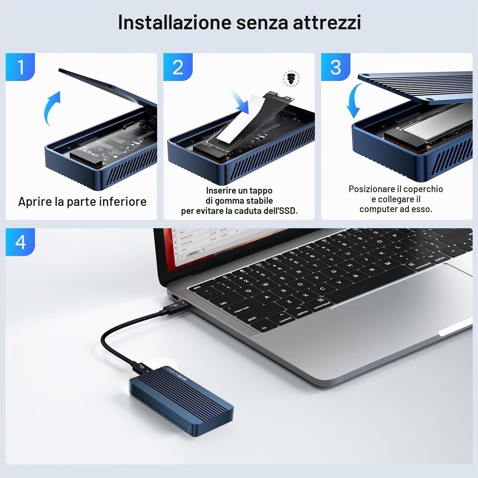 ACASIS Alloggiamento SSD M.2 NVMe da 40 Gbps, NVMe compatibile con USB 4/3,2/3,1/3,0/2,0, 2230 2242 2260 2280 SSD, USB C Case compatibile con MacBook M1 M2 Pro/Max