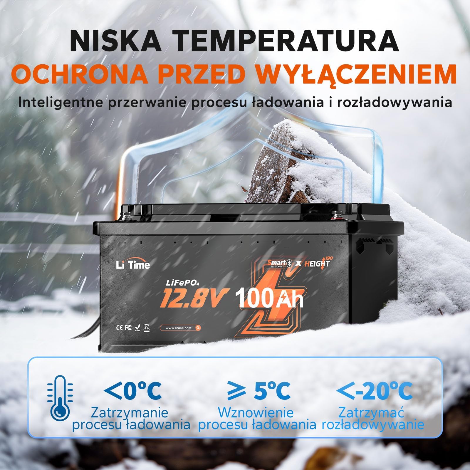 LiTime 12V 100Ah H190 Akumulator LiFePO4, Bateria Lifepo4 DIN H8 L5 Rozmiar z Inteligentnym 100A BMS i Bluetooth, Ochrona przed Niskimi Temperaturami, 4000+ Cykli, Zamiennik Kwasu Ołowiowego Kamperów