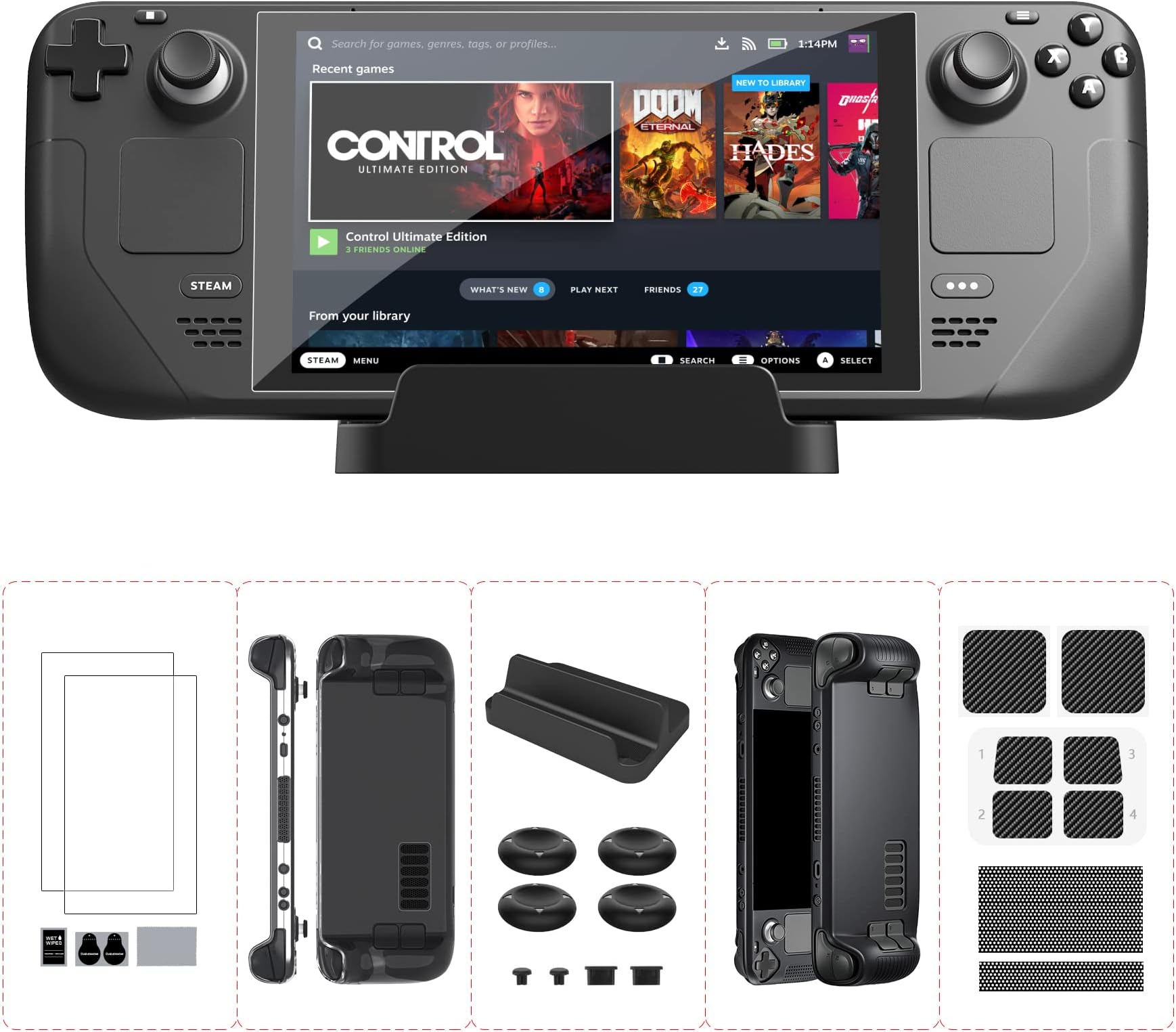 MES MERRY 7 in 1 Accessories Bundle for Valve Steam Deck, 2 Glass Screen Protector, 1 Dock Stand, 4 Thumb Grip, 1 Dust Filter Kit, 6 Button Skin, 1 Protective Cover and TPU Clear Case