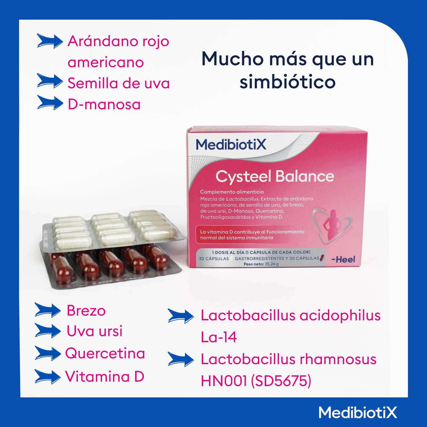 MBX Cysteel Balance Heel – Probióticos y Prebióticos + D-Manosa y Arándano Rojo – Bienestar Urinario y Salud Íntima Femenina – Cápsulas Gastrorresistentes de Alta Absorción – 30 + 30 Cápsulas