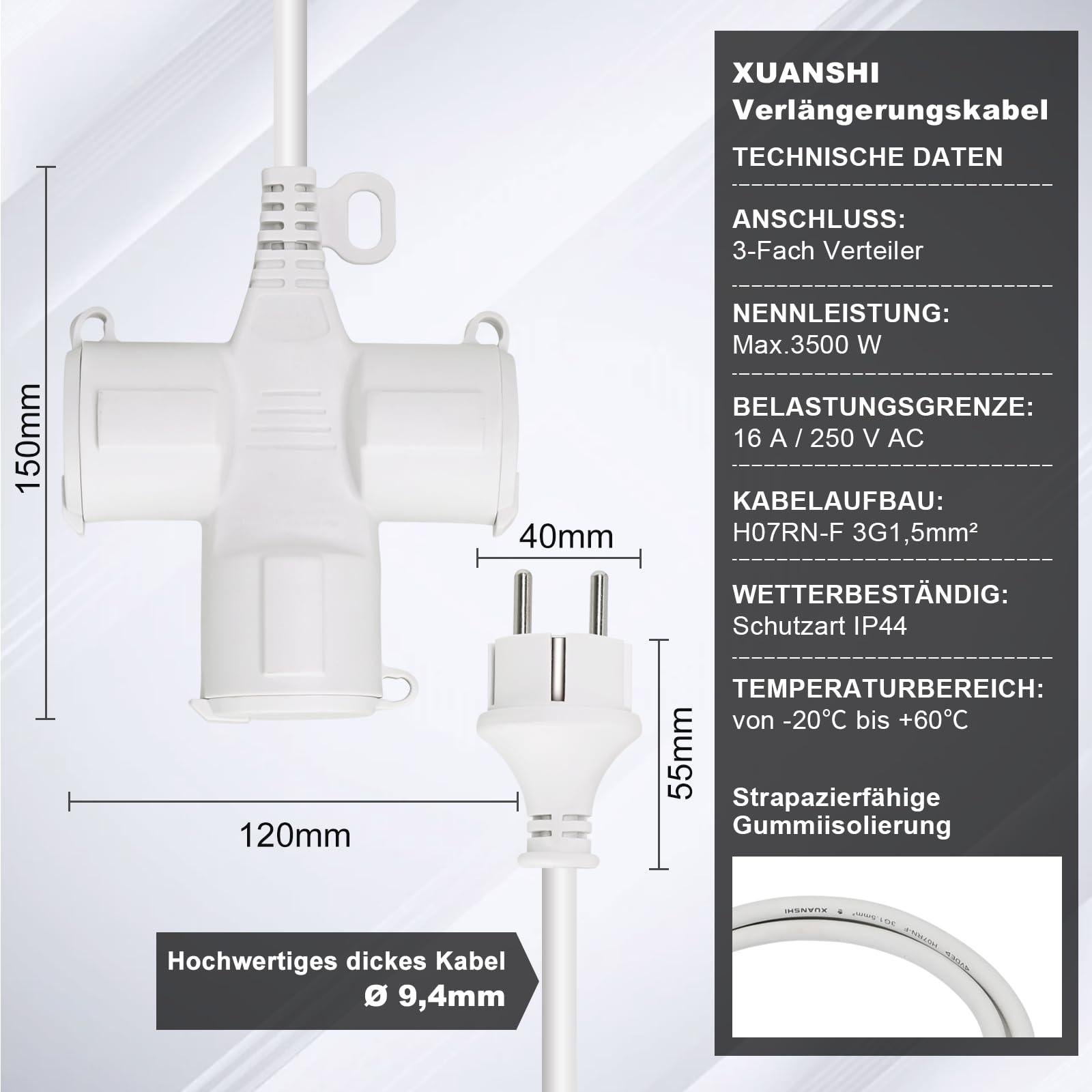 XUANSHI Cable alargador exterior de 7 m con 3 enchufes Schuko, 3 alargadores, IP44 para exteriores, cable de goma exterior de 1,5 mm², distribuidor de 3 compartimentos con tapa protectora, 3500 W