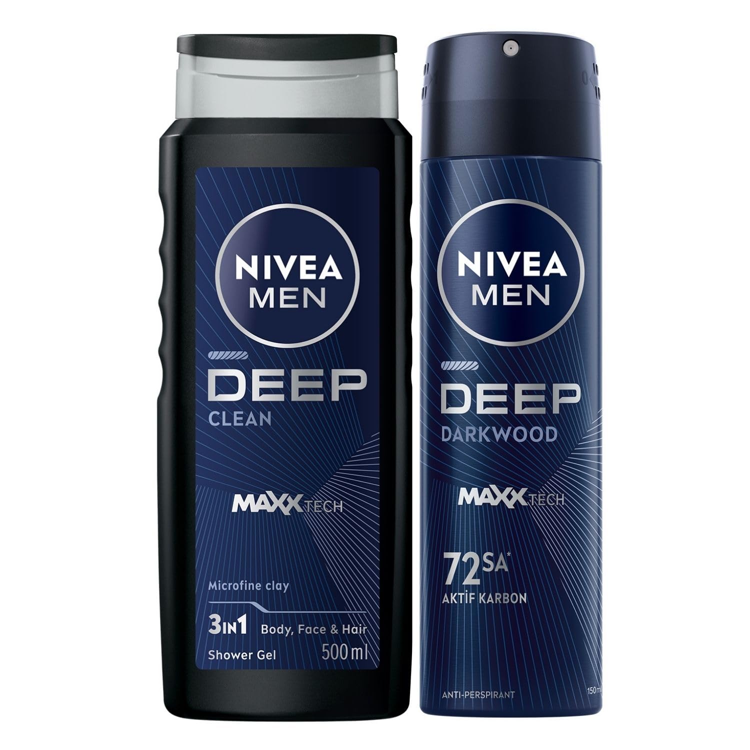 NIVEA MEN Erkek Deep Dimension Duş Jeli 500 ml,Derinlemesine Temizlik,Bakımlı Cilt,Vücut,Yüz ve Saç İçin,Ferah Koku,Aktif Karbon + NIVEA MEN Erkek Sprey Deodorant Deep Dimension Darkwood 150ml