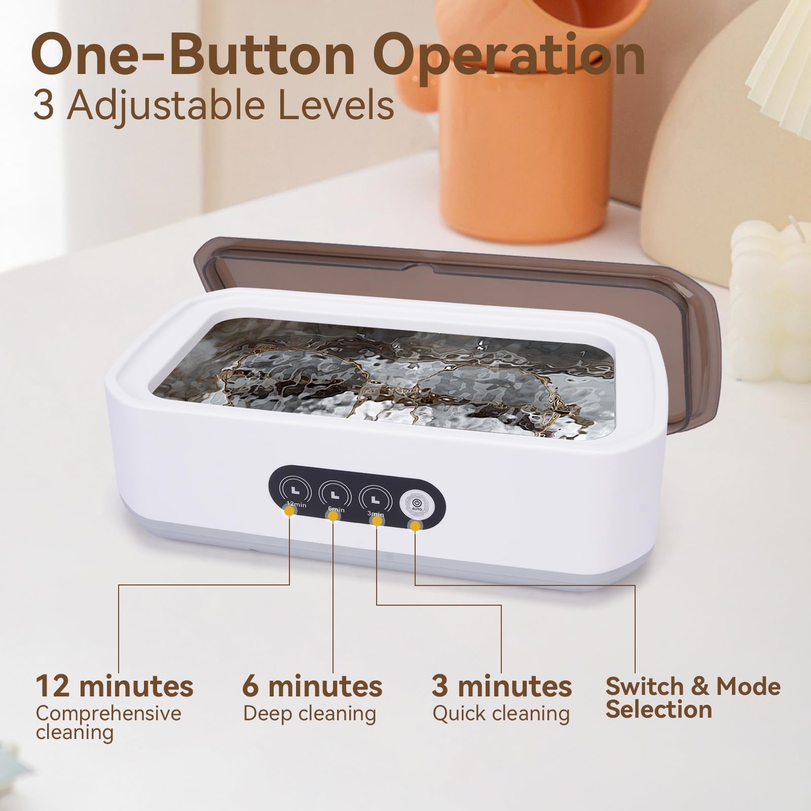 Pulitore Ultrasuoni 49000HZ,Pulitore ad Ultrasuoni con 3 modalità di Tempo,650 ml,Ultrasonic Cleaner per Protesi,Bite,Allineatori,Ferule Dentali e Gioielli