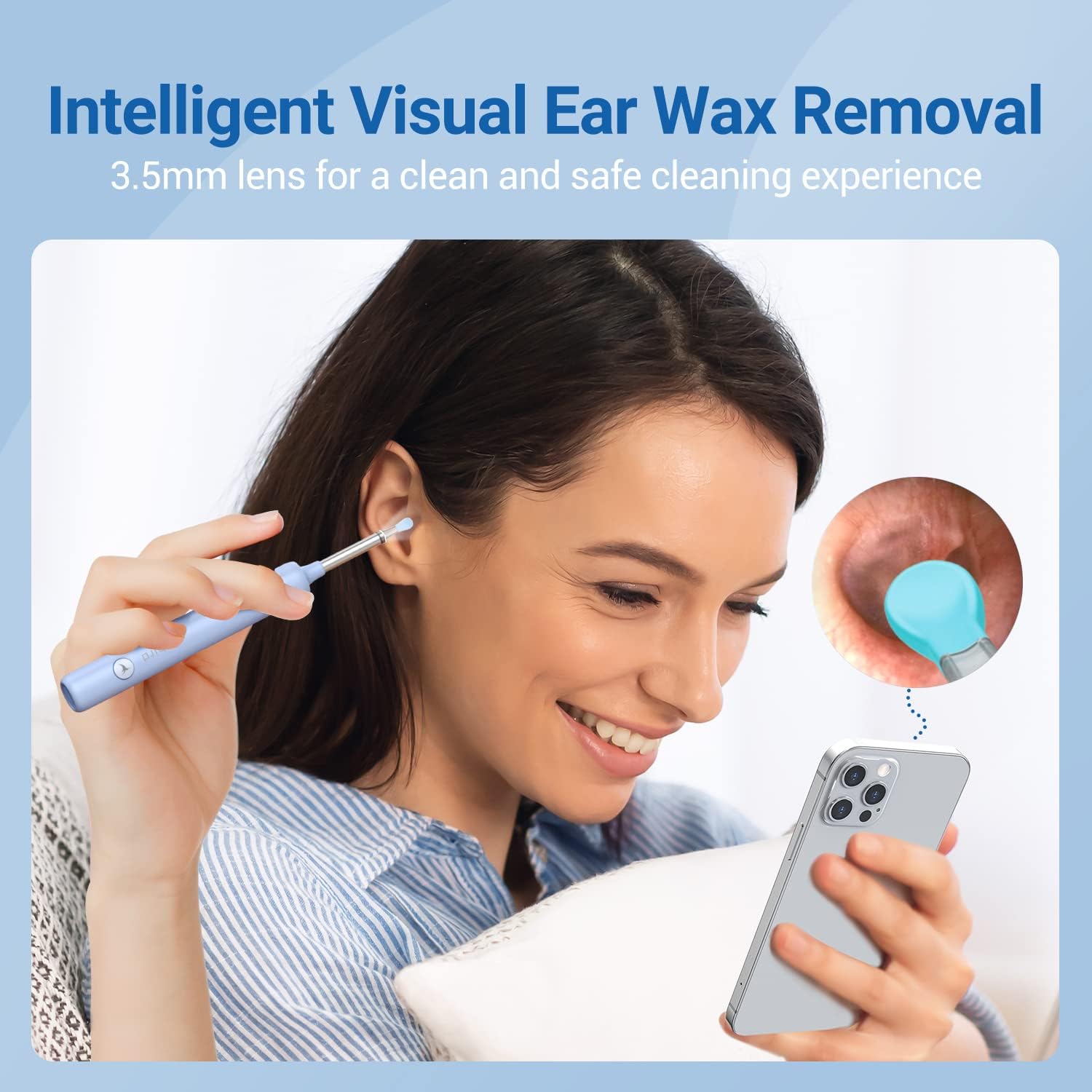 BEBIRD Ear Wax Removal Tool - Smart Visual Earwax Remover, Ear Cleaner with Light and HD Camera, Ear Canal Inspection Otoscope, Safe Cleaning Silicone Ear Scoop (X3-Light Blue)
