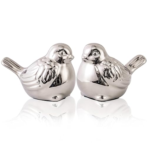 Set of 2 Small Birds Statues Silver Home Decor Modern