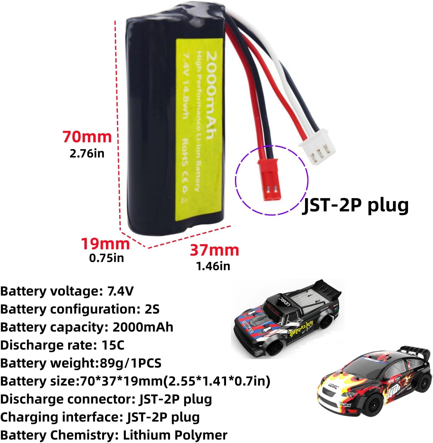 sea jump 2PCS 7.4V 2000mah 15C 2S Lipo Battery with JST-2P Plug and 2in1 Charger Suitable for UDIRC UD1601 UD1602 UD1604 UD1607 SG1603 SG1604 RC High-Speed Car RC Ship Drone huina Engineering Vehicle