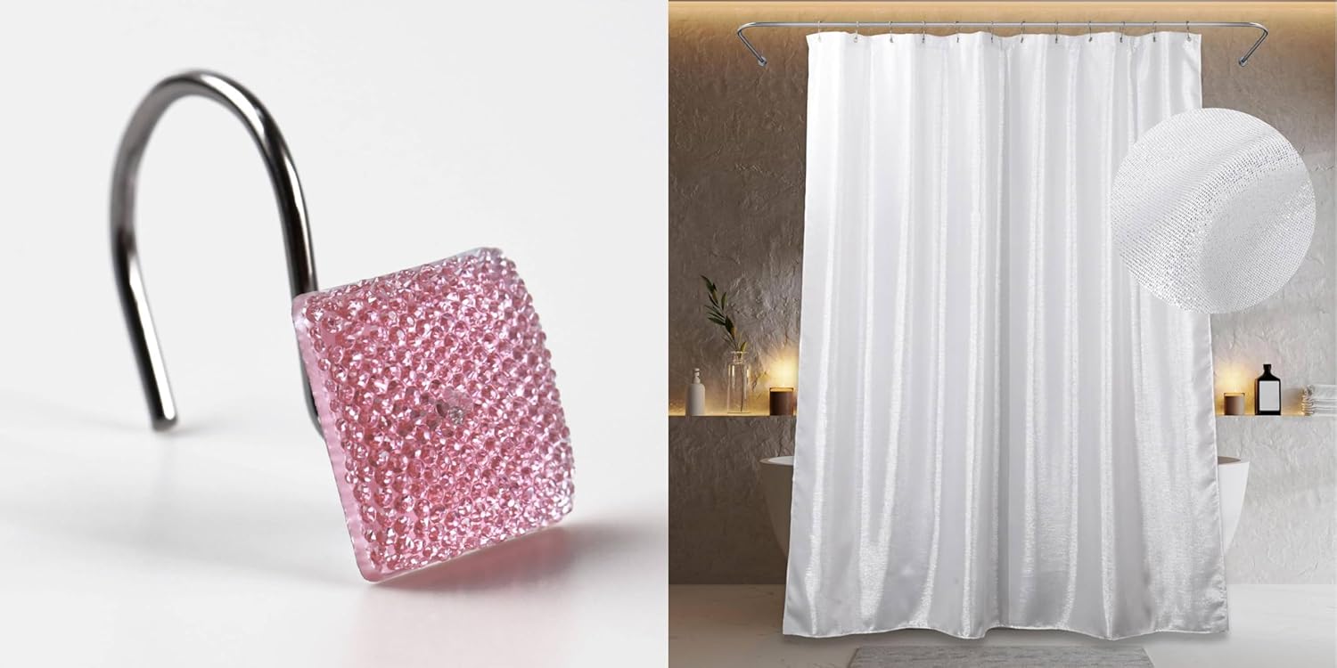 Silver White Shower Curtain & Pink Square Shower Curtain Hooks - 72x72 Waterproof Washable Sparkle Glitter Fabric Shower Curtain - 12 PCS Rust Proof Metal Shower Curtain Rings (2 Item Bundle)