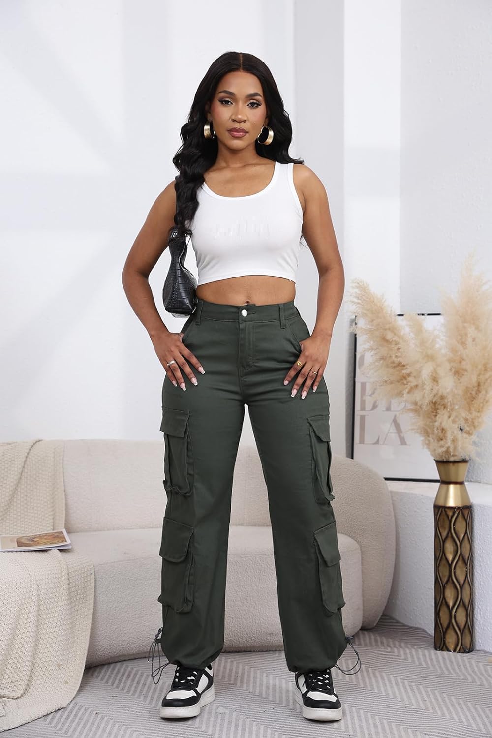 DvaeMalligo Womens Wide Leg Cargo Pants High Elastic Waisted Casual Multi Pockets Loose Fit Straight Y2k Trouser Pants - Image 4