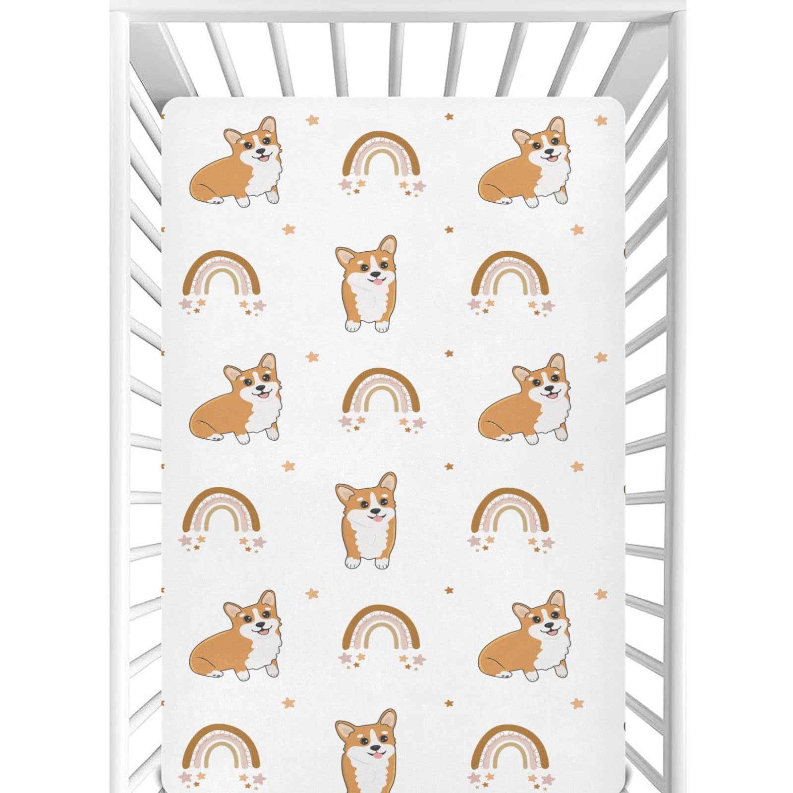 CaTaKu Crib Sheets for Baby Boys Girls Corgi Dog Rainbow Fitted Sheets for Mini Crib, Toddler Bed Nursery Mattresses Sheet for Baby, 28"x 52"