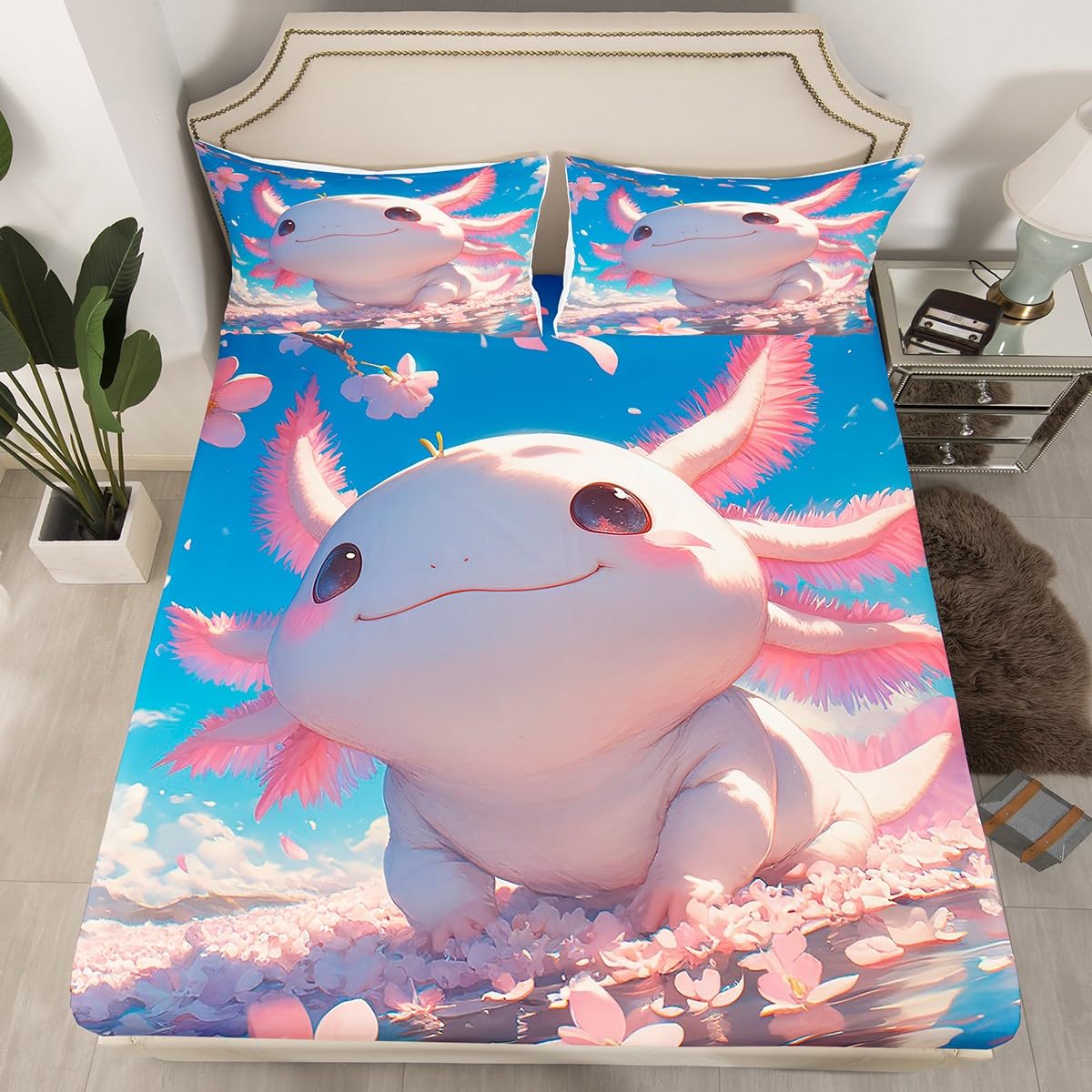 Kawaii Axolotl Fitted Sheet Double Size 3 Pcs,Cartoon Salamander Marine Life Collections(No Flat Sheet),Pink Cherry Blossom Romantic Flower Petals Bedding Deep Pocket for Kids