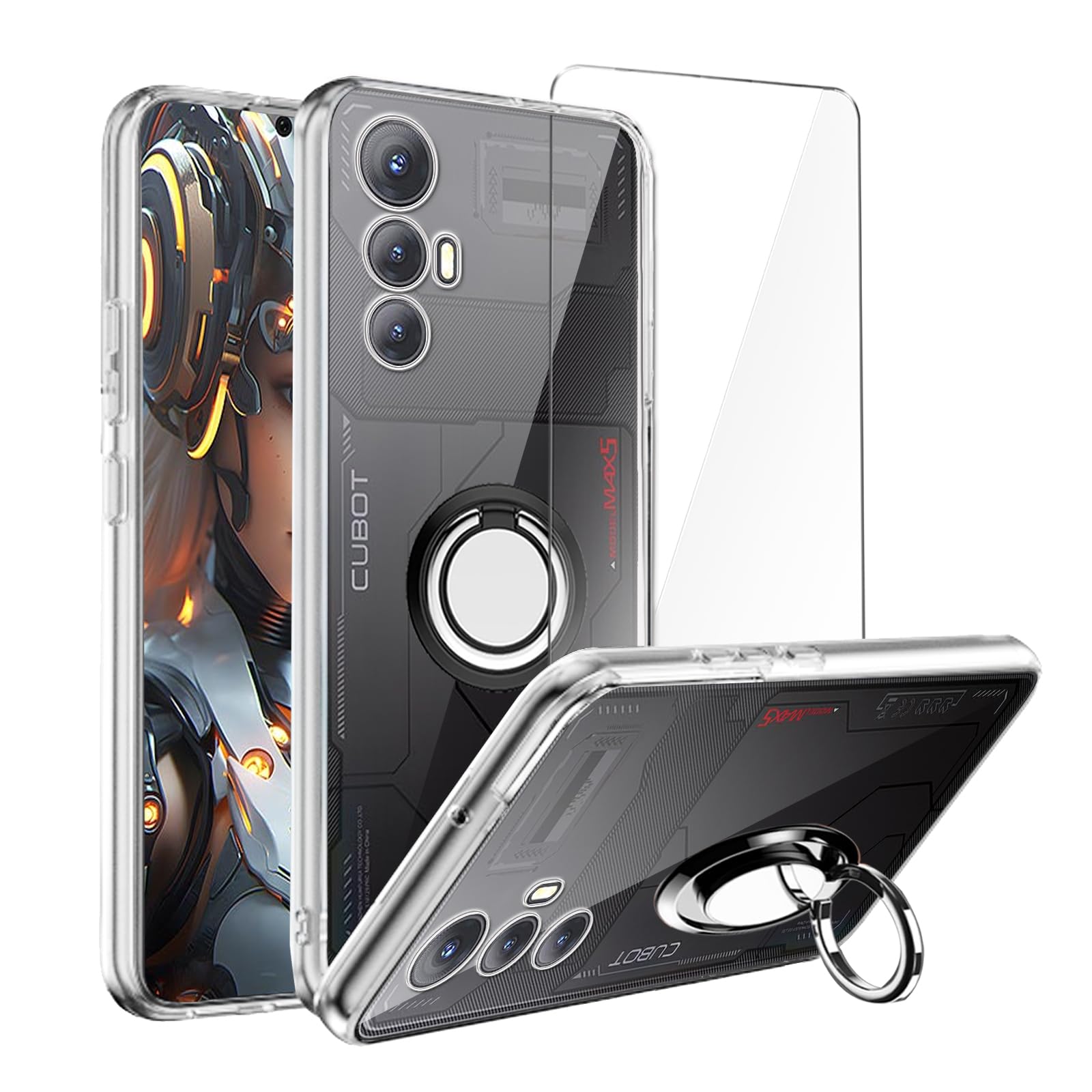 LYZXMY Case for Cubot Max 5 (6.95") Clear phone case + 360° Rotating Ring Stand+ 1 pcs tempered Glass Screen Protector.