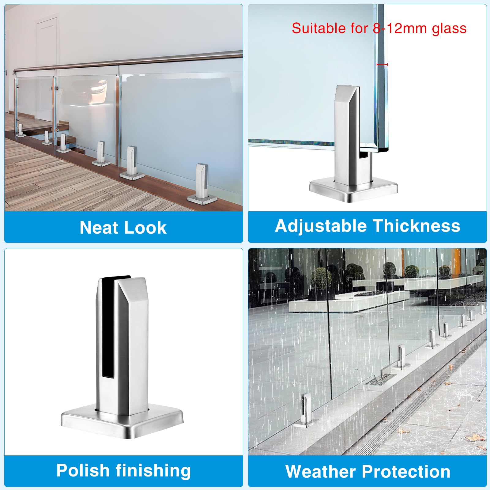 4 Pezzi Morsetto per Vetro in Acciaio Inox, Ringhiera per Piscina Vetro, per Vetro da 8-12 mm/0,3-0,5" di Spessore, Recinzioni in Vetro da Parete per Casa Scale Piscina Balaustra Balcone Giardino