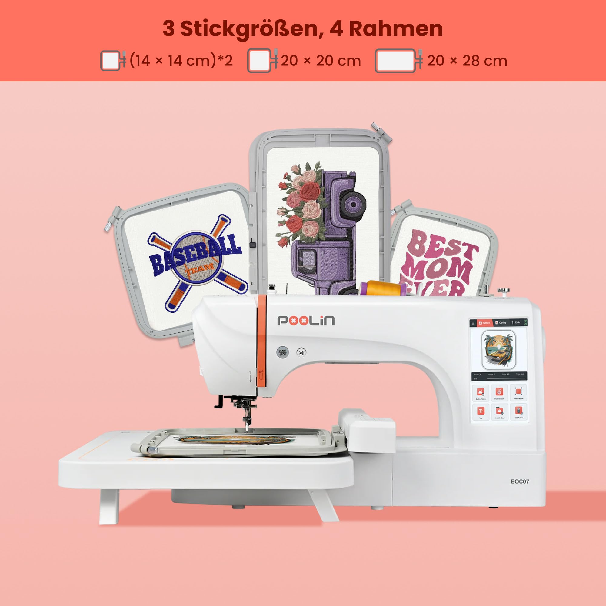 PooLin EOC07 Stickmaschine XL, computerisiert, großer Rahmen 20 x 38 cm, 7 Zoll HD-Touchscreen, WLAN-Übertragung, 200 integrierte Motive, 860 ps/min, 4 Rahmen inklusive