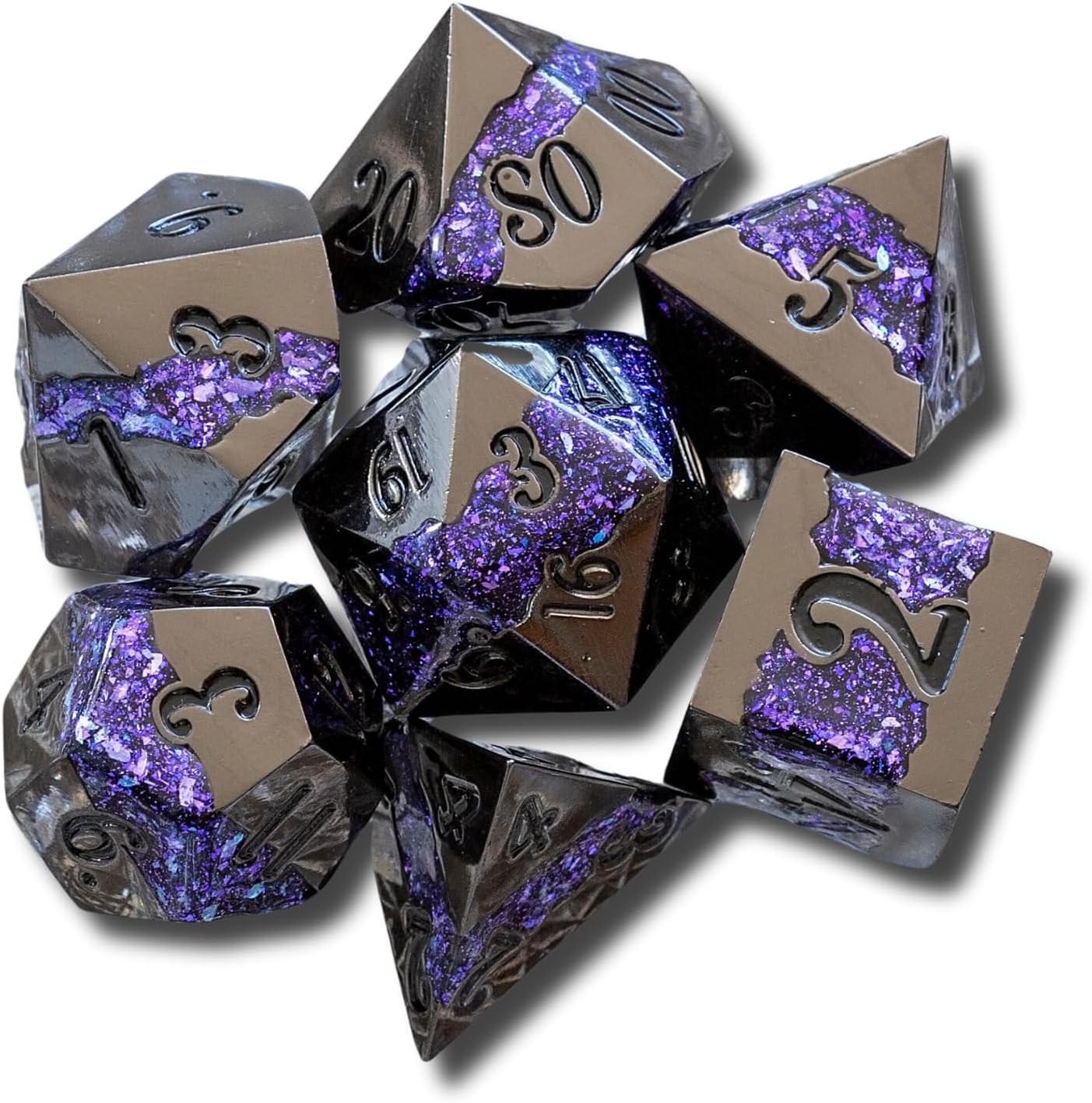 Metal Riftstone DND Dice 7-PC Polyhedral Dice Set for DND TTRPG Dungeons and Dragons Pathfinder Oversized Designer Dice (Gloss Black/Purple)