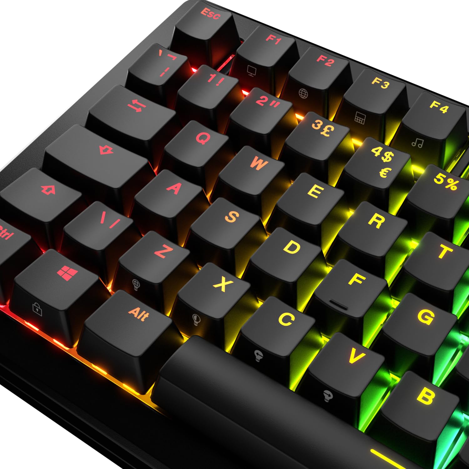 Glorious Gaming - Teclas GPBT retroiluminadas: Leyendas translúcidas en Negro, Permiten el Paso de la luz, para teclados mecánicos de formatos 100%, 75%, 65% y 60%, distribución QWERTY inglés