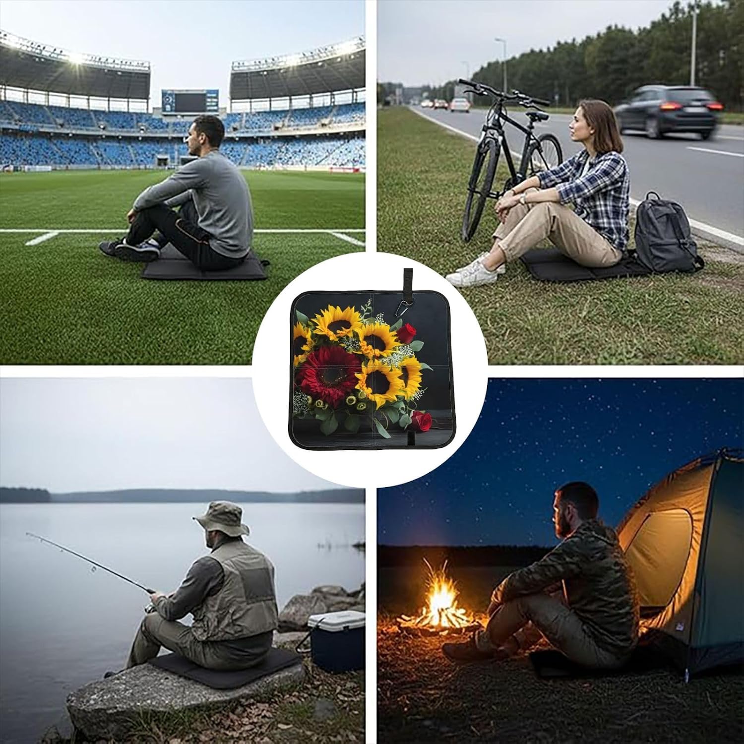 (Sunflower and Rose) Sitting Pad Foldable Seat Cushion Lightweight Camping Seat Mat with Hook for Outdoor Hiking Picnic Camping