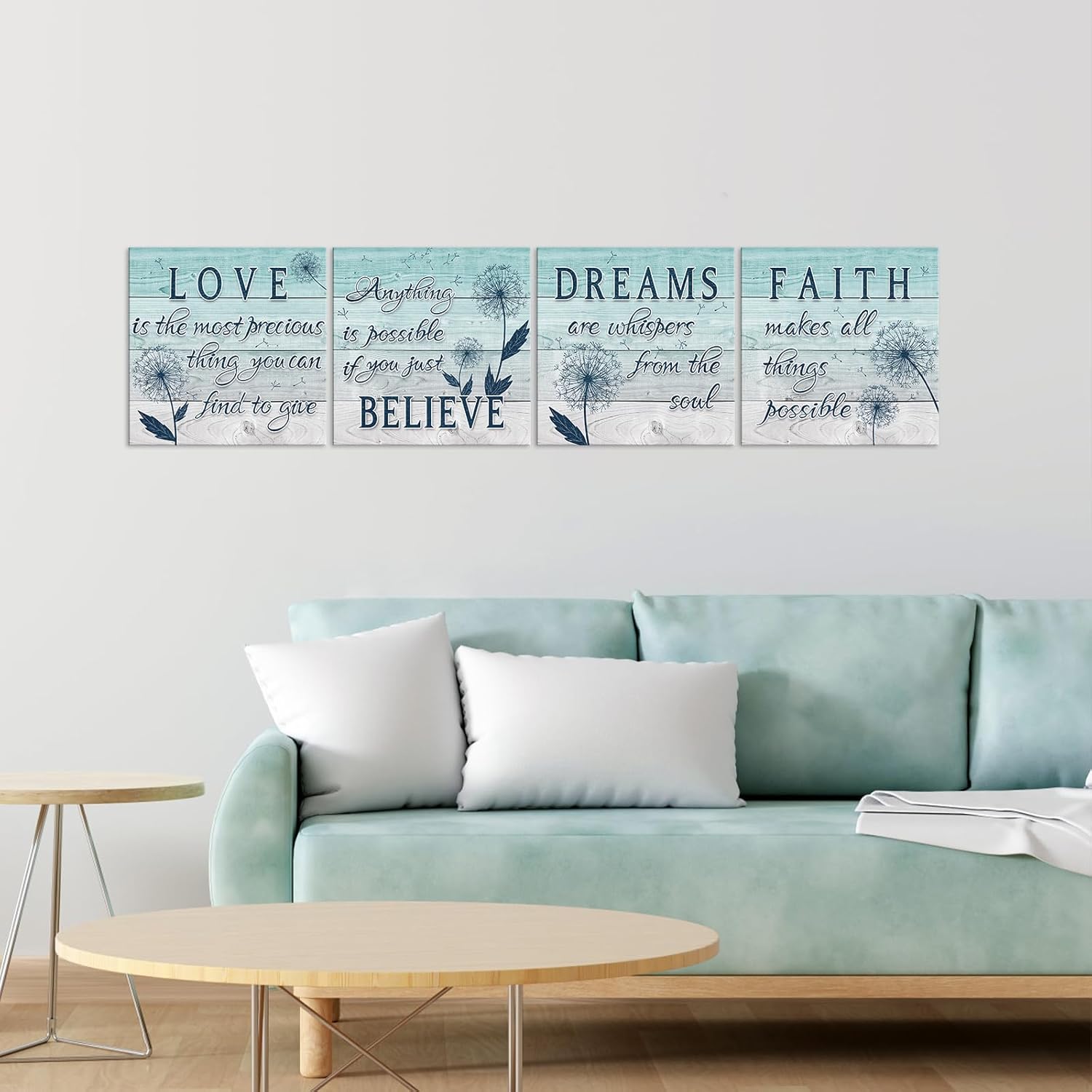 4 Panel Motivational Quote Canvas Wall Art Teal Blue Dandelion Picture Wooden Texture Poster Print on Canvas Modern Home Kitchen Bedroom Bathroom Wall Decor Framed Ready to Hang - Image 2