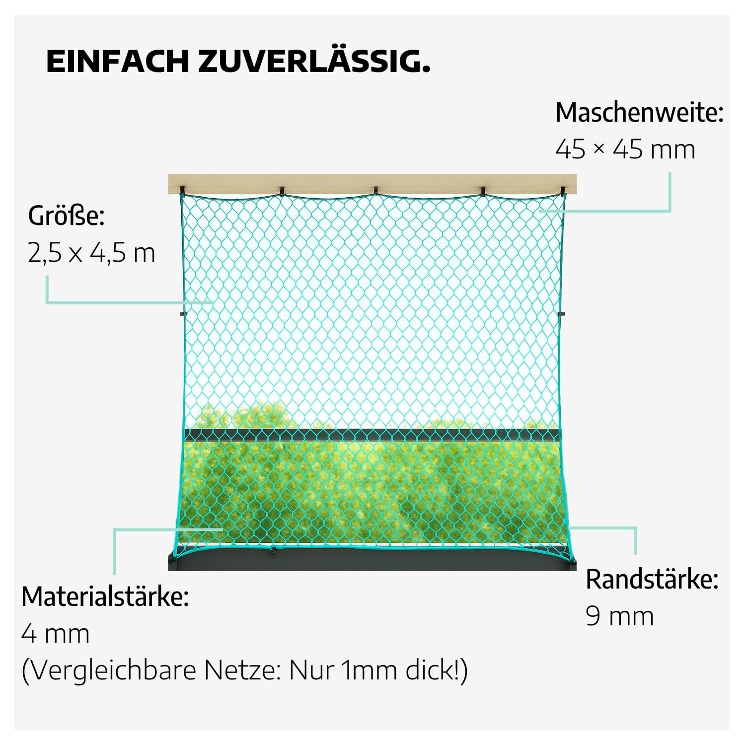 Katzennetz I 2,5 m x 4,5 m I Katzenschutz für Balkon mit 45 x 45 mm Maschenweite I extrem reißfestes & langlebiges Balkonnetz für Katzen mit 4 mm Materialstärke & 9 mm Randstärke