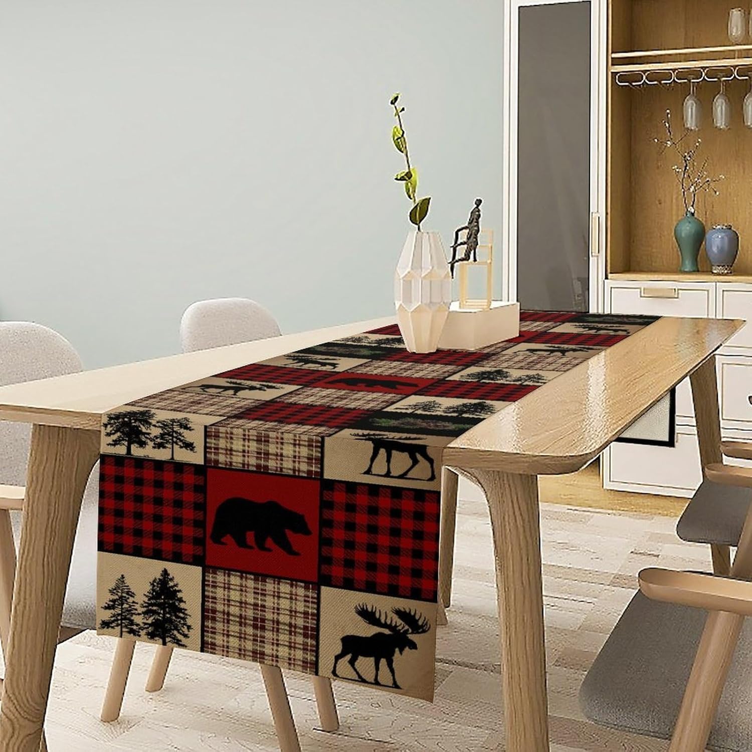 Rustic Lodge Cabin Table Runner, Vintage Red Black Plaid Wildlife Bear Deer Animal Hunting Kitchen Dinning Table Runners for Indoor Outdoor Home Wedding Party Holiday Decor, 13x108 Inch
