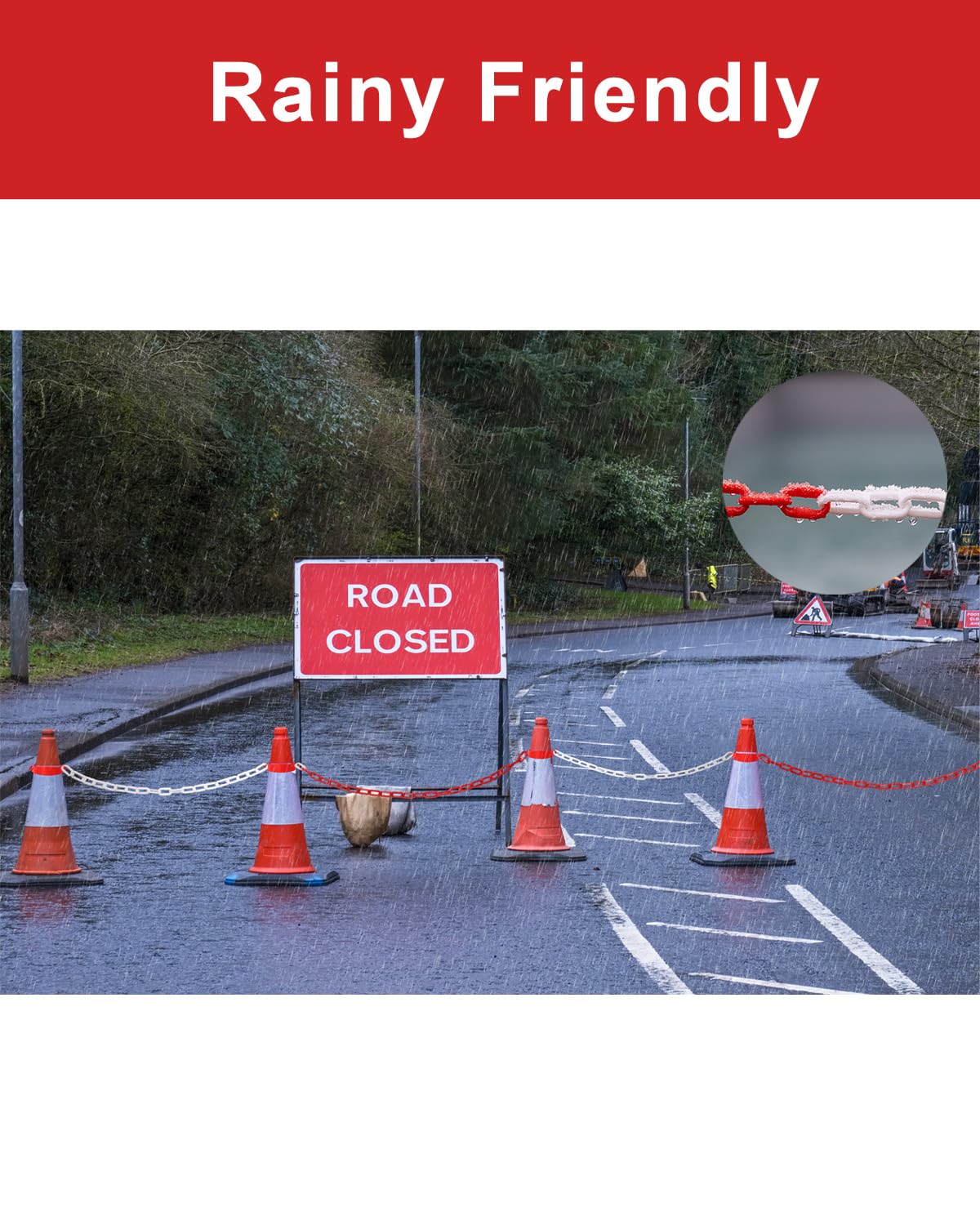 32 ft Plastic Traffic Chain Barrier Links - with 6pcs Traffic Cones Connector Kits for Traffic Cones
