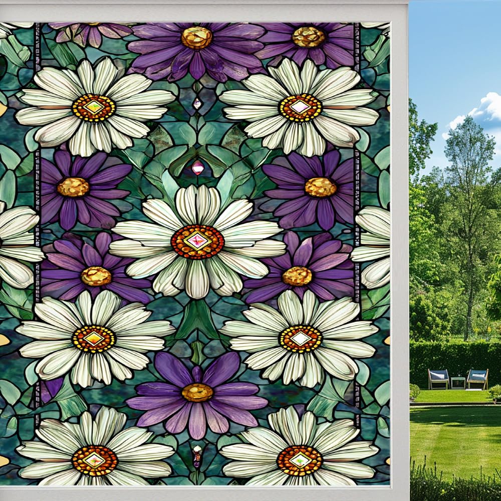 Pmlbaous Rural Daisy Stained Glass Window Film, Colorful Natural Flower Plants Peel And Stick Privacy Film, Frosted Adhesive Vinyl Decorative For Bathroom Windows Glass Doors, （45X60cm）