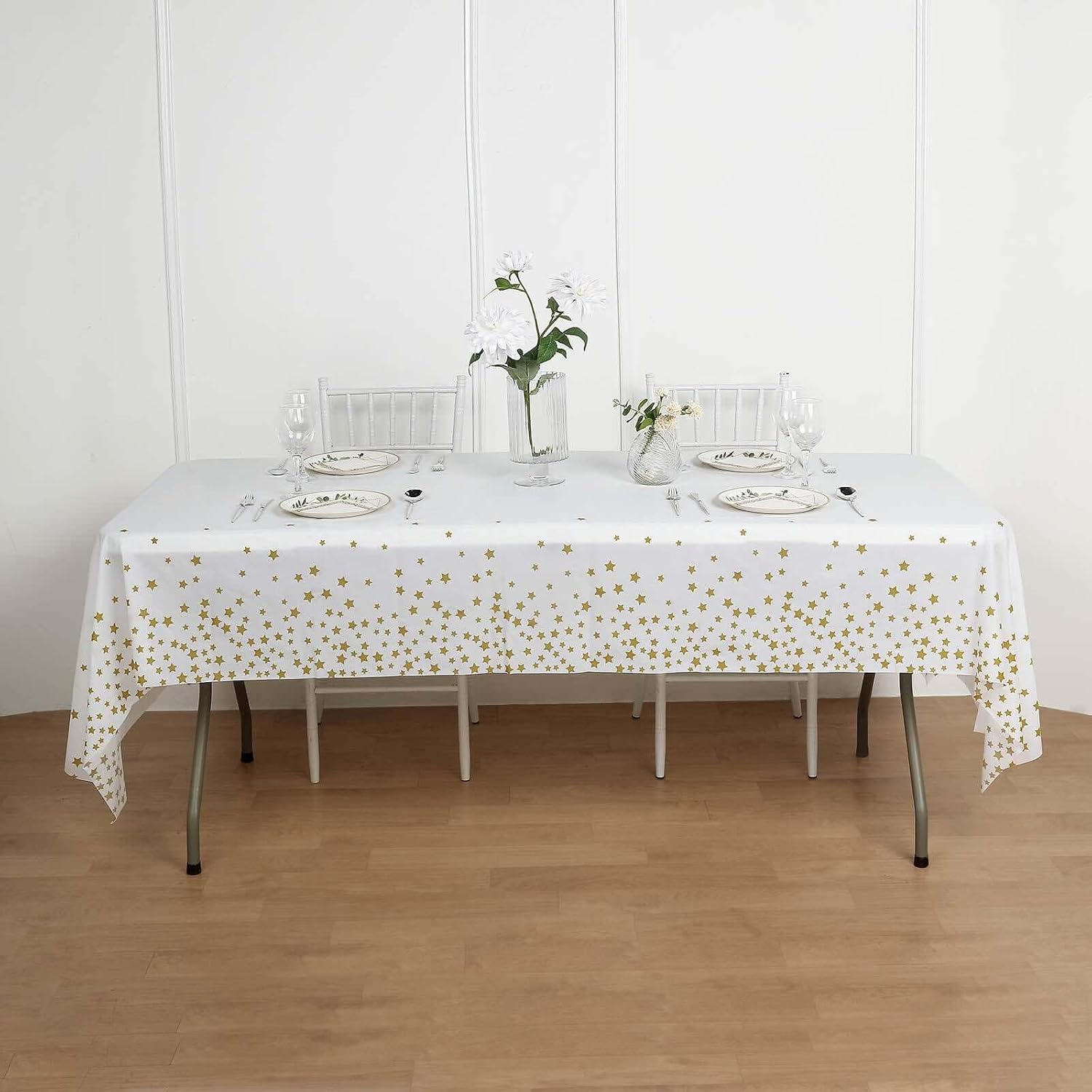 Efavormart 5 Pack White and Gold Star Disposable Tablecloths - 54x108 inch Waterproof Plastic Rectangle Table Covers for Birthdays, Graduation and Celestial Theme Parties