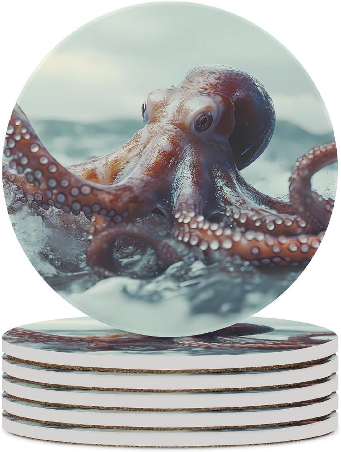 Octopus Round Ceramic Coasters for Drinks Absorbent Cup Holder Tabletop Protector with Cork Base