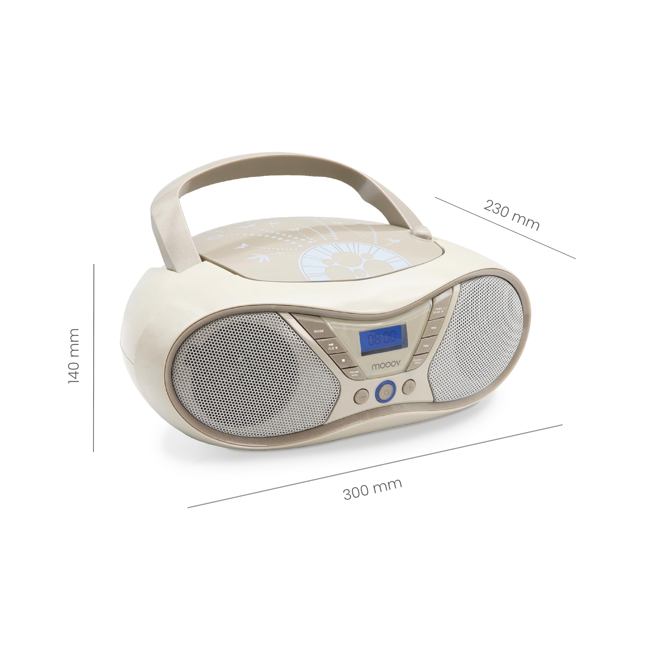 MOOOV Soft Grey, lettore CD portatile, riproduzione CD-R/CD-RW/CD-MP3, radio FM, porta USB, audio stereo 6W, impugnatura ergonomica, funziona su alimentazione o batterie