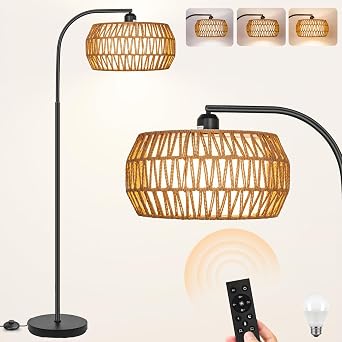 Boho Farmhouse Standing Lamp with Rattan Linen Shades with Remote and Bulb