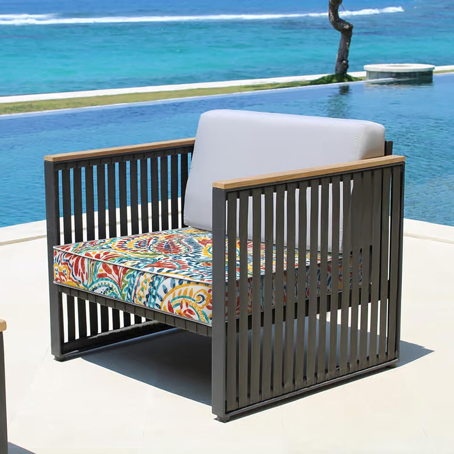Set of 2 Outdoor Chair Cushions 24 x 24 x 4, Water Repellent Patio Seat Cushion with Removable Cover, All Weather Thick Chair Cushion for Wicker、Sofa、Patio Furniture, Paisley Multi