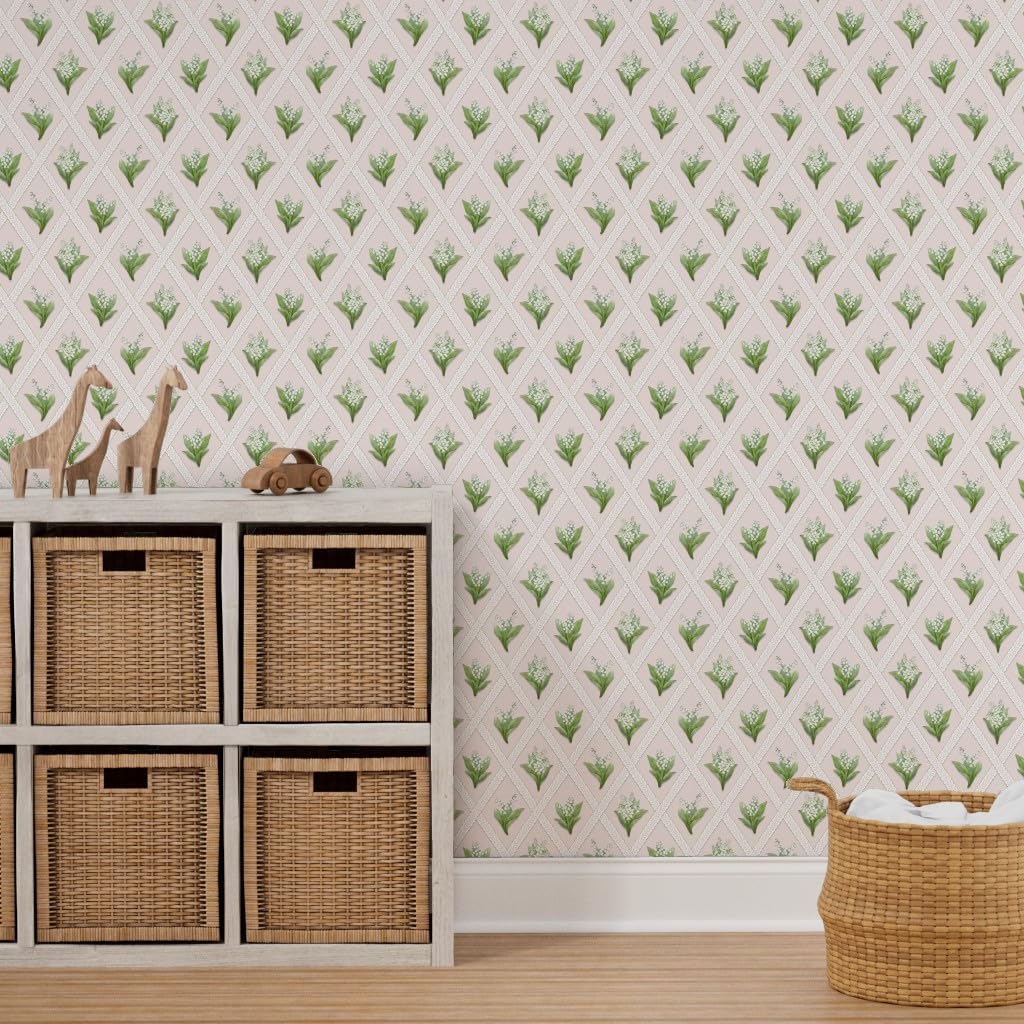 Peel & Stick Wallpaper 3ft x 2ft - Blush Floral Botanical Lily of The Valley Lattice Garden Party Springtime Granny Chic Cottagecore Custom Removable Wallpaper by Spoonflower
