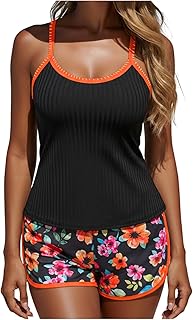 Women's Tankini Swimsuits Two Piece Bathing Suits Floral Print Swimwear Tummy Control Tank Top with Boyshorts