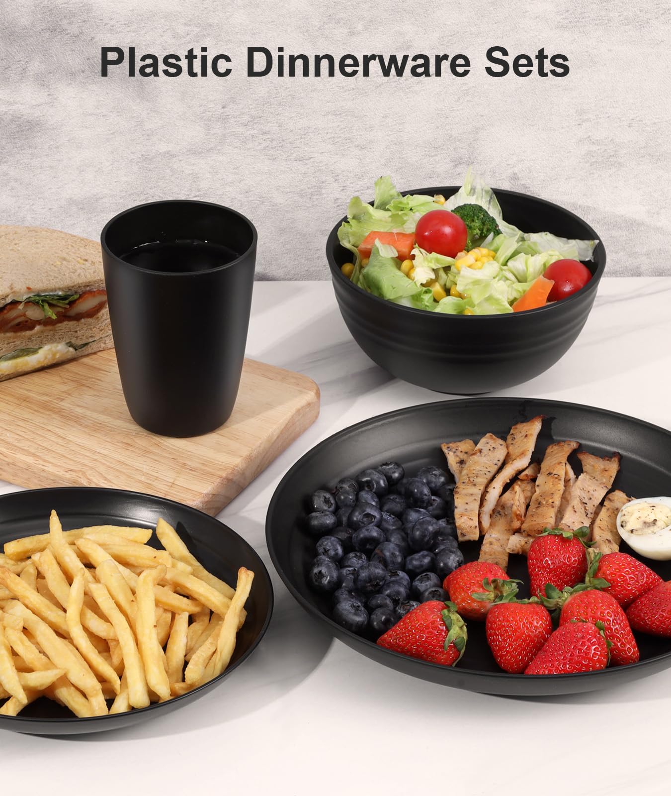 Quatish Juego de vajilla de plástico de 24 piezas, irrompible para 6 personas, juego de mesa reutilizable para niños y adultos, apto para lavavajillas y microondas, color negro